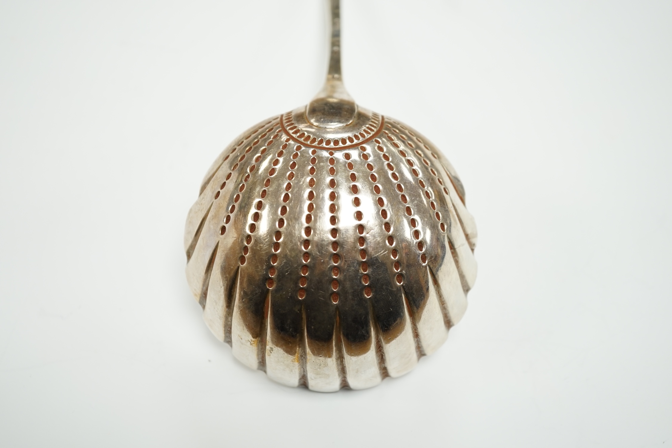 A George III Irish silver Old English pattern soup ladle, Michael Homer?, Dublin, 1775, 36cm, 7.1oz.